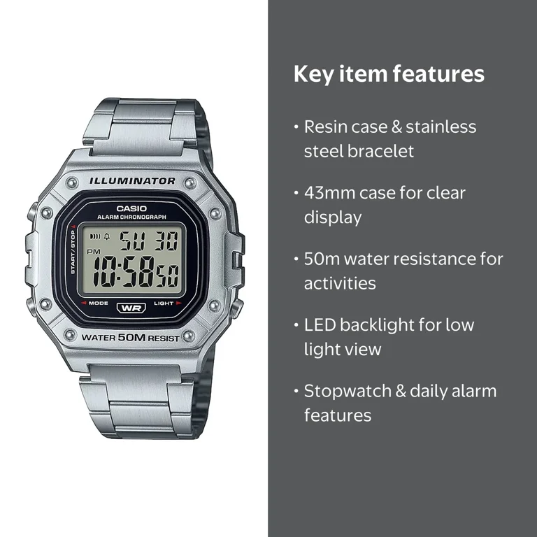 Casio, Men's Classic Digital Quartz Watch, W218HD-1AV, Silver