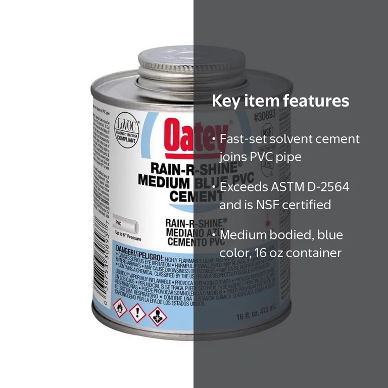 Oatey, PVC Cement, Rain-R-Shine 16 oz, Blue, Fast-Set - Walmart.com