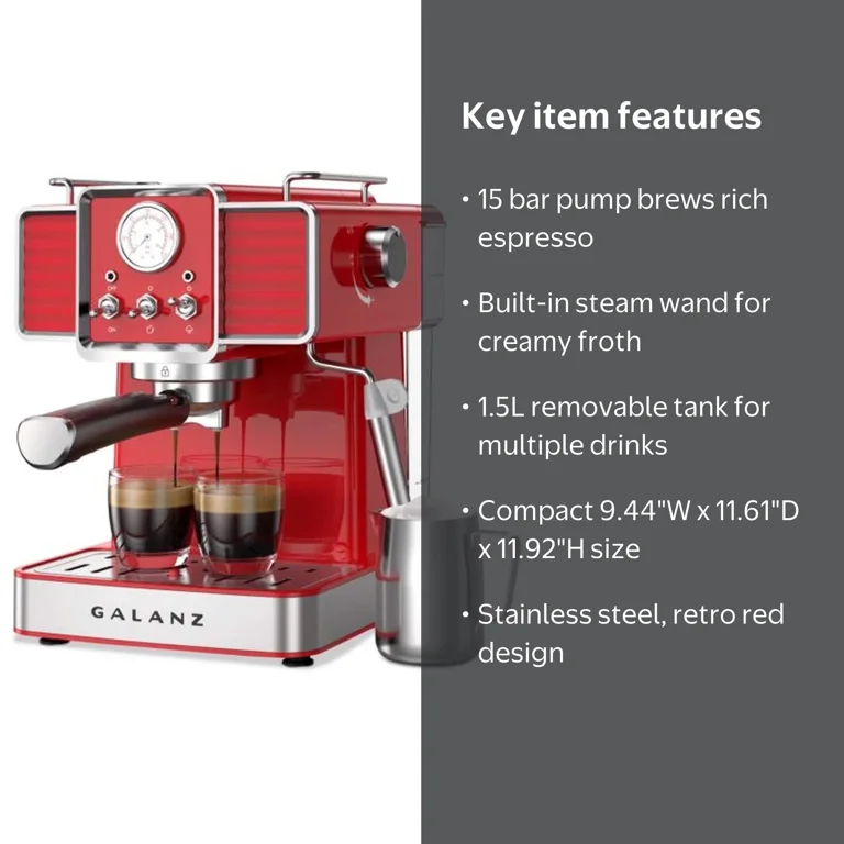 Galanz Retro Coffee Maker with Milk Frother, 15 Bar Pump