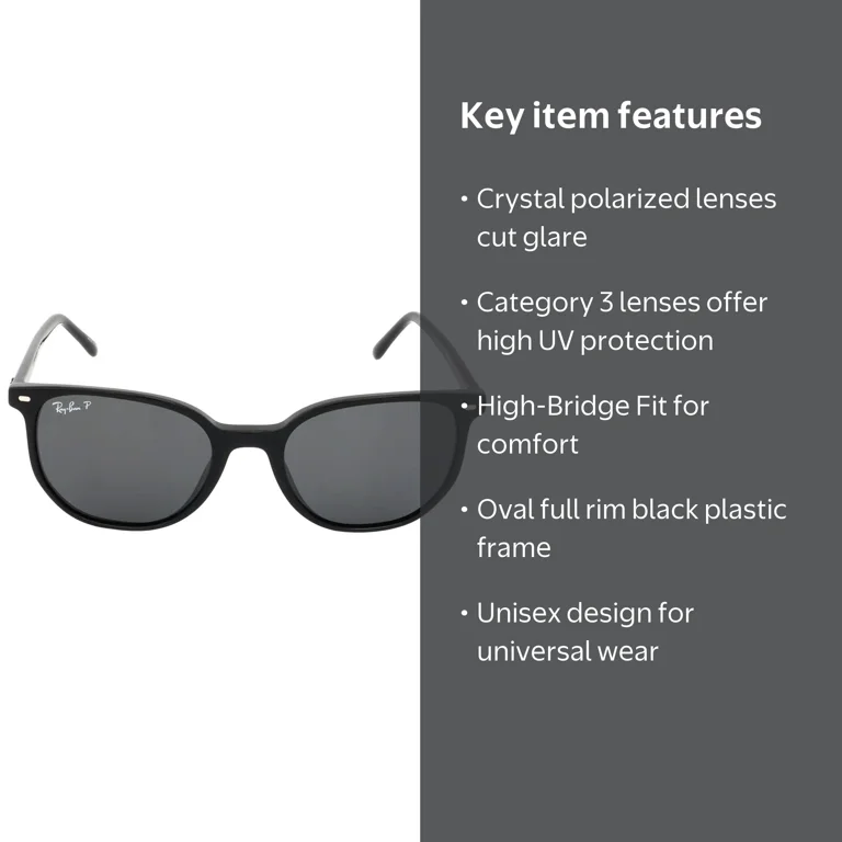 Ray Ban Unisex Elliot Series Polarized Black Square Sunglasses