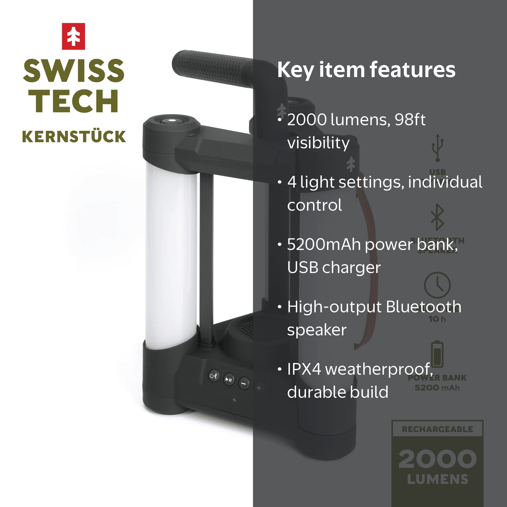 Free Shipping! Swiss Tech LED Lantern, 2000 Lumen Rechargeable