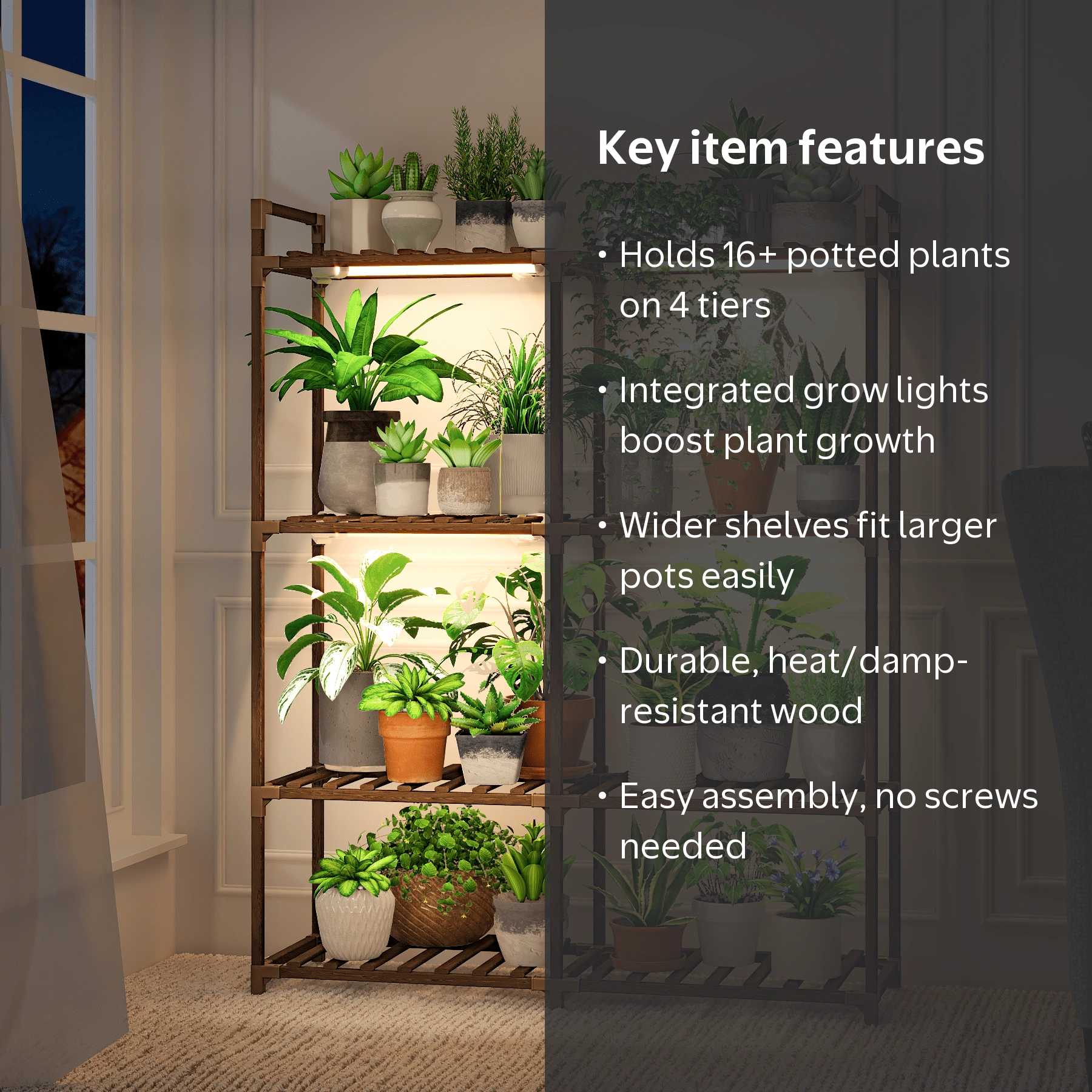Bamworld, Plant Stand with Grow Lights, 4 Tier, Indoor Wood Shelf