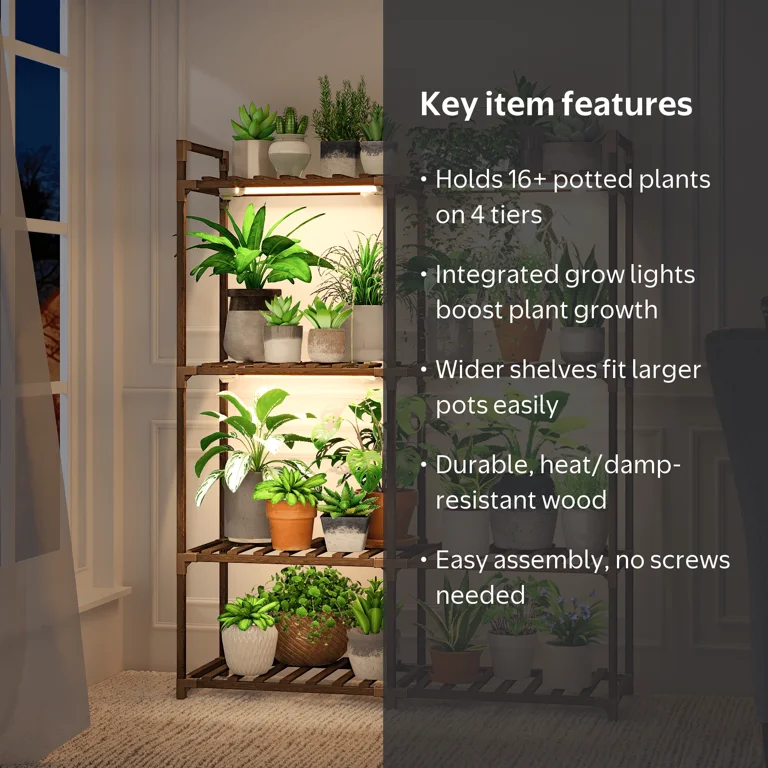 Bamworld, Plant Stand with Grow Lights, 4 Tier, Indoor Wood Shelf