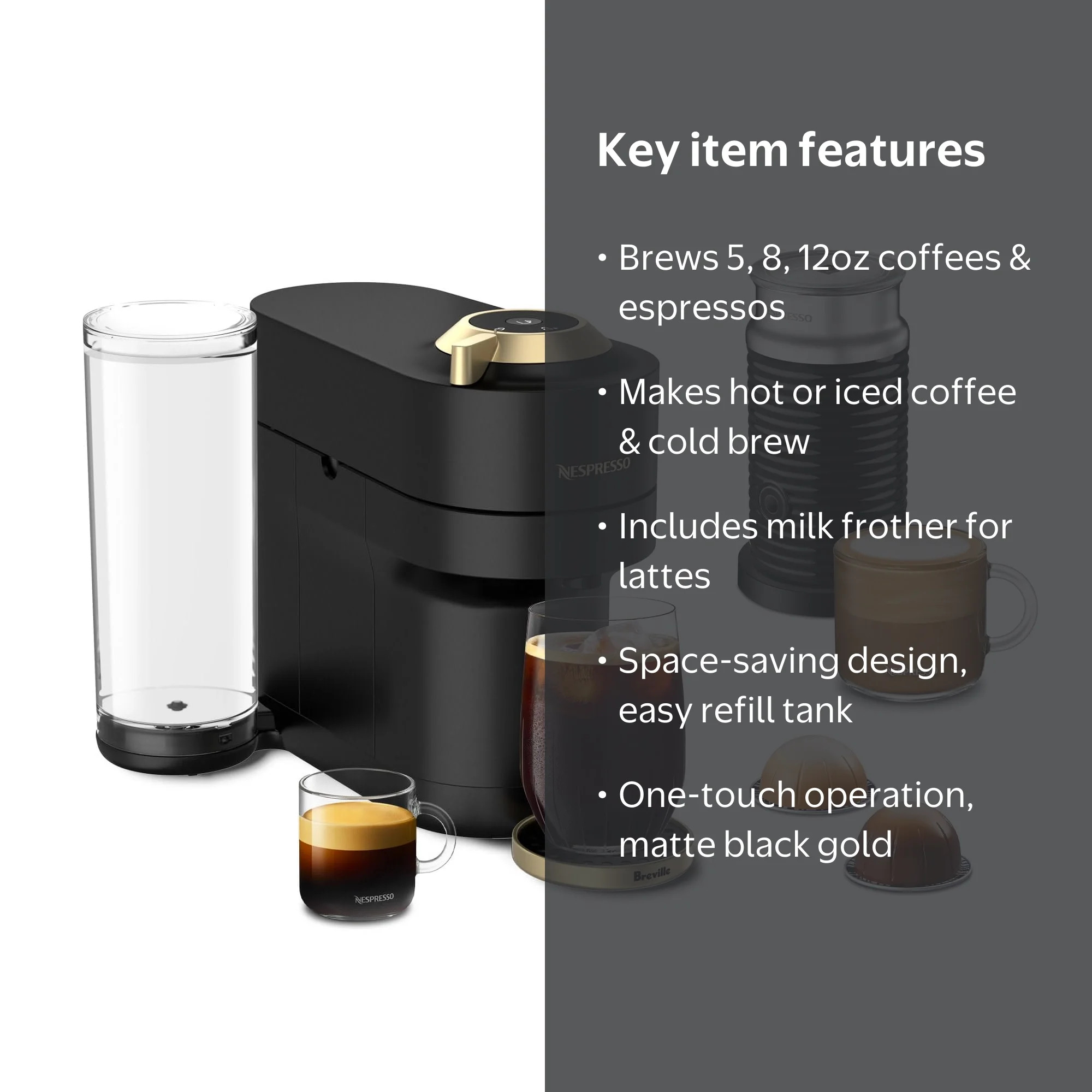 Nespresso, Vertuo Pop+ Deluxe Coffee Maker, 5 Sizes, Matte Black