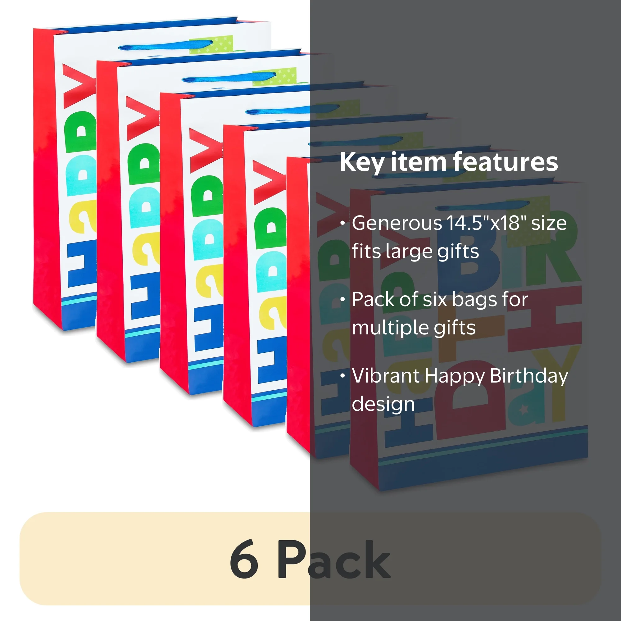 6 pack) White Happy Birthday Paper Gift Bag, 14.5