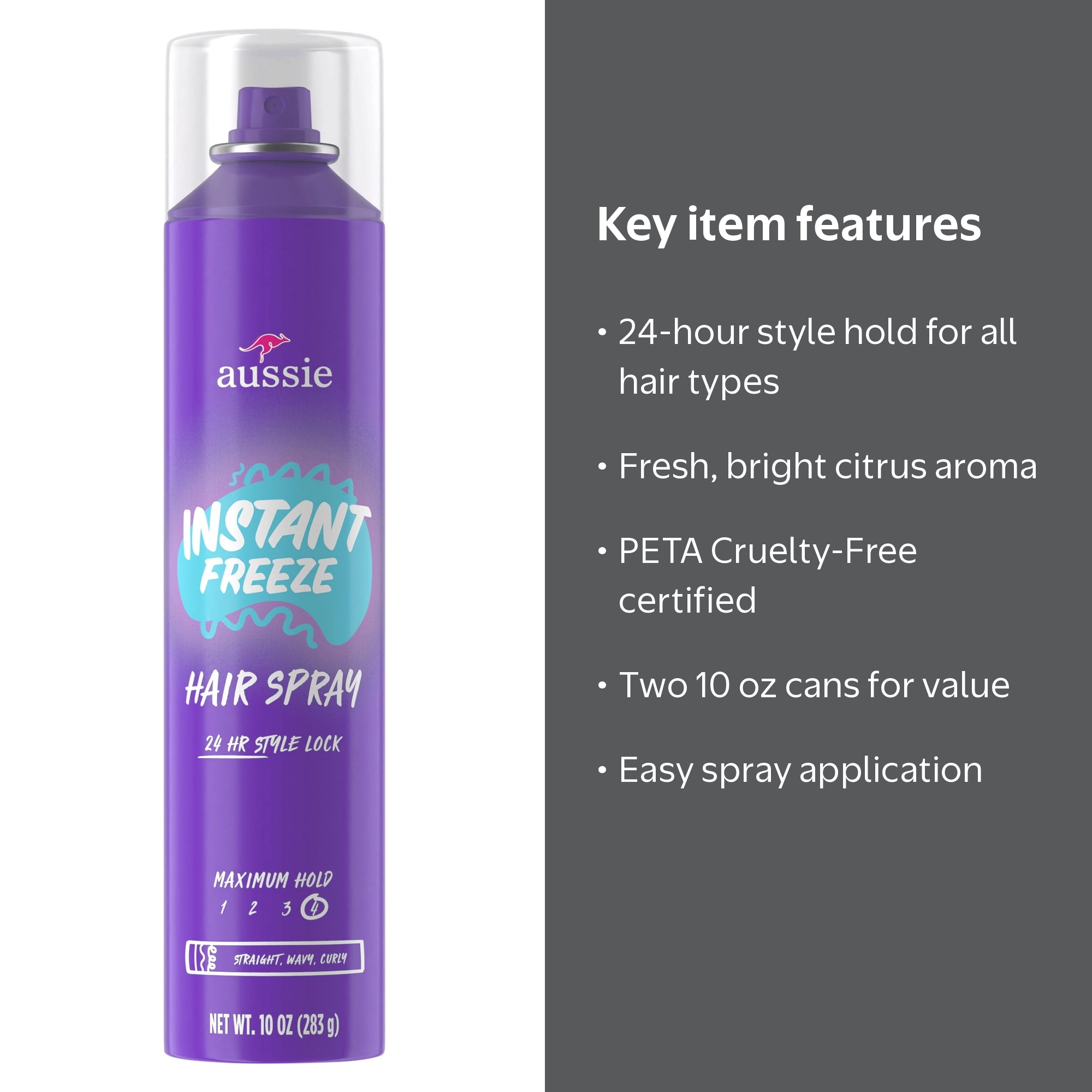 2 pack) Aussie Instant Freeze Hair Spray for Curly Hair, Straight