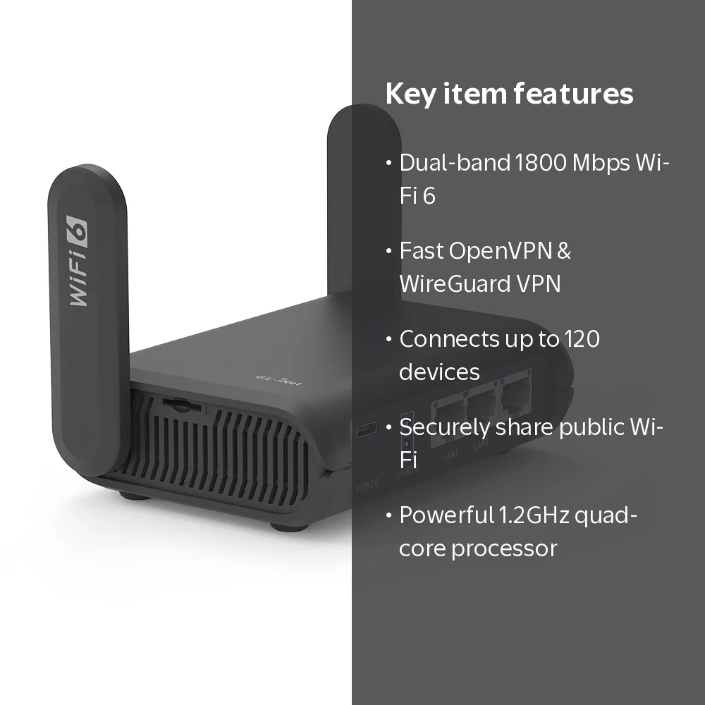 GL.iNet Slate AX GL-AXT1800 Portable Wi-Fi 6 Router, OpenVPN, NAS