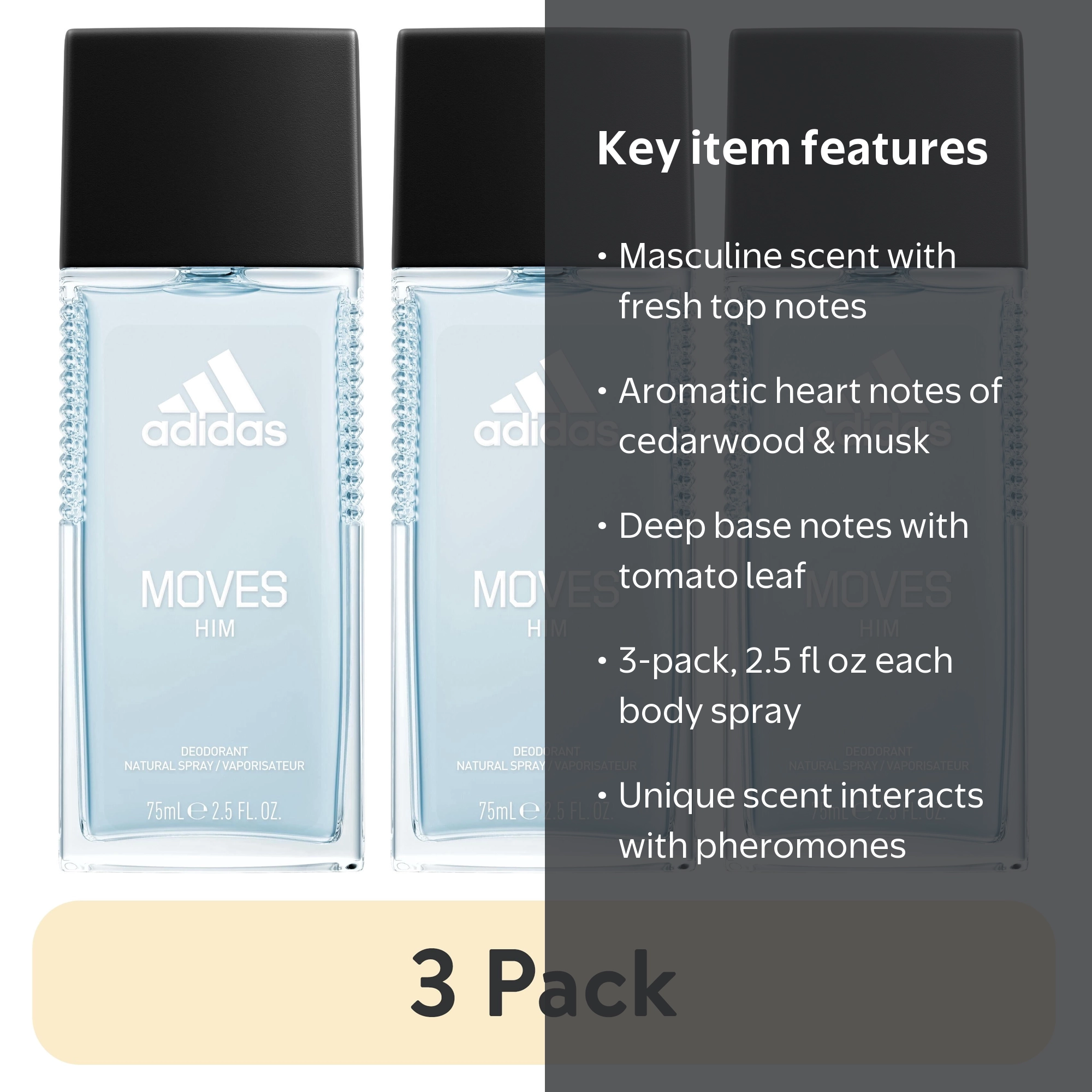 3 pack) Adidas Moves Body Spray for Men, 2.5 fl oz - Walmart.com