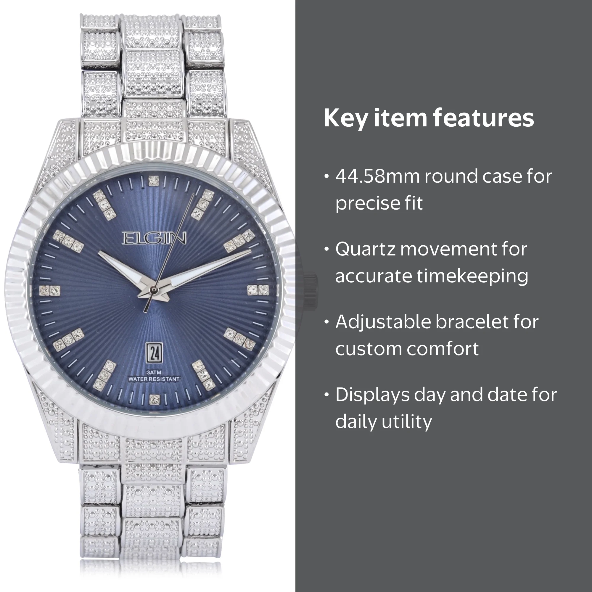 Elgin Adult Men's Silver and Crsytal Round Case Watch with Blue