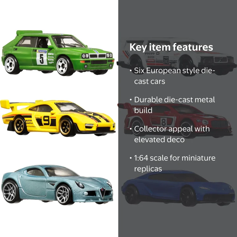 Hot Wheels, Die-Cast Toy Cars, 1:64 Scale Set of 6 Euro Style