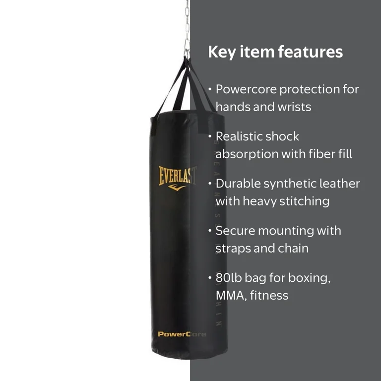 Everlast Powercore Heavy Bag, 80lb, Black/Gold – for Boxing, MMA