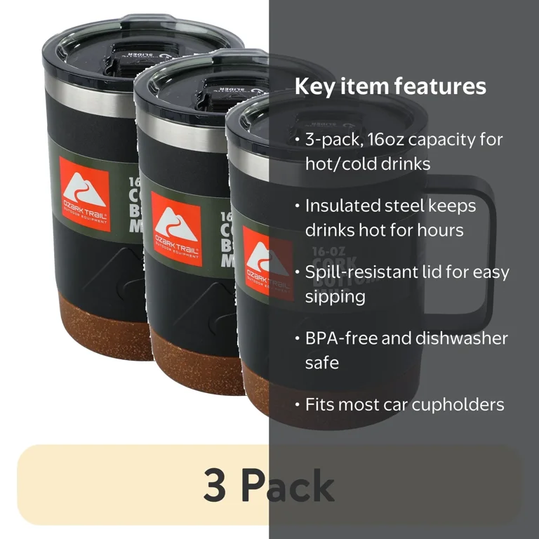 3 pack) Ozark Trail 16 oz Stainless Steel Insulated Coffee Mug