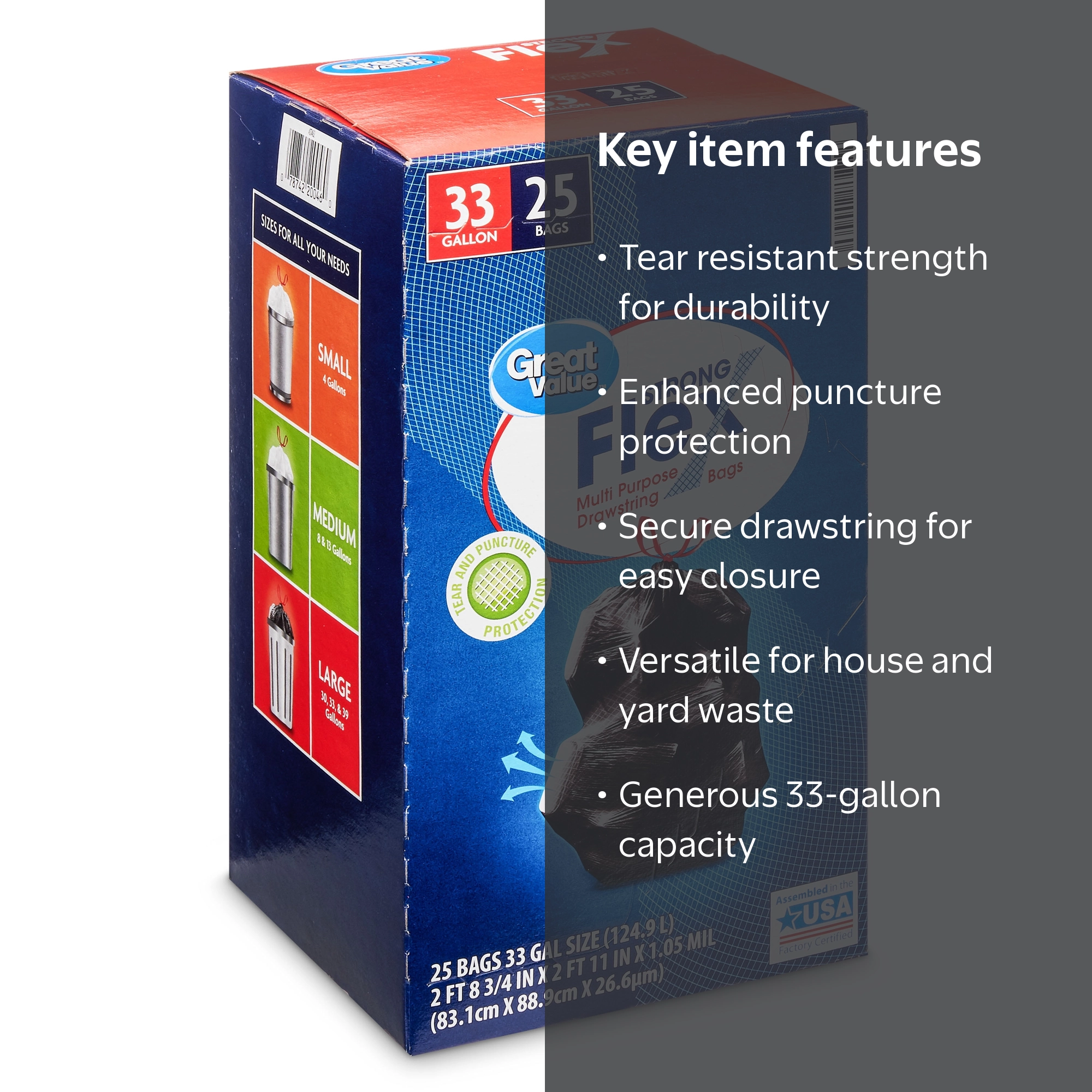 Great Value Strong Flex Multi-Purpose Drawstring Trash Bags, 33