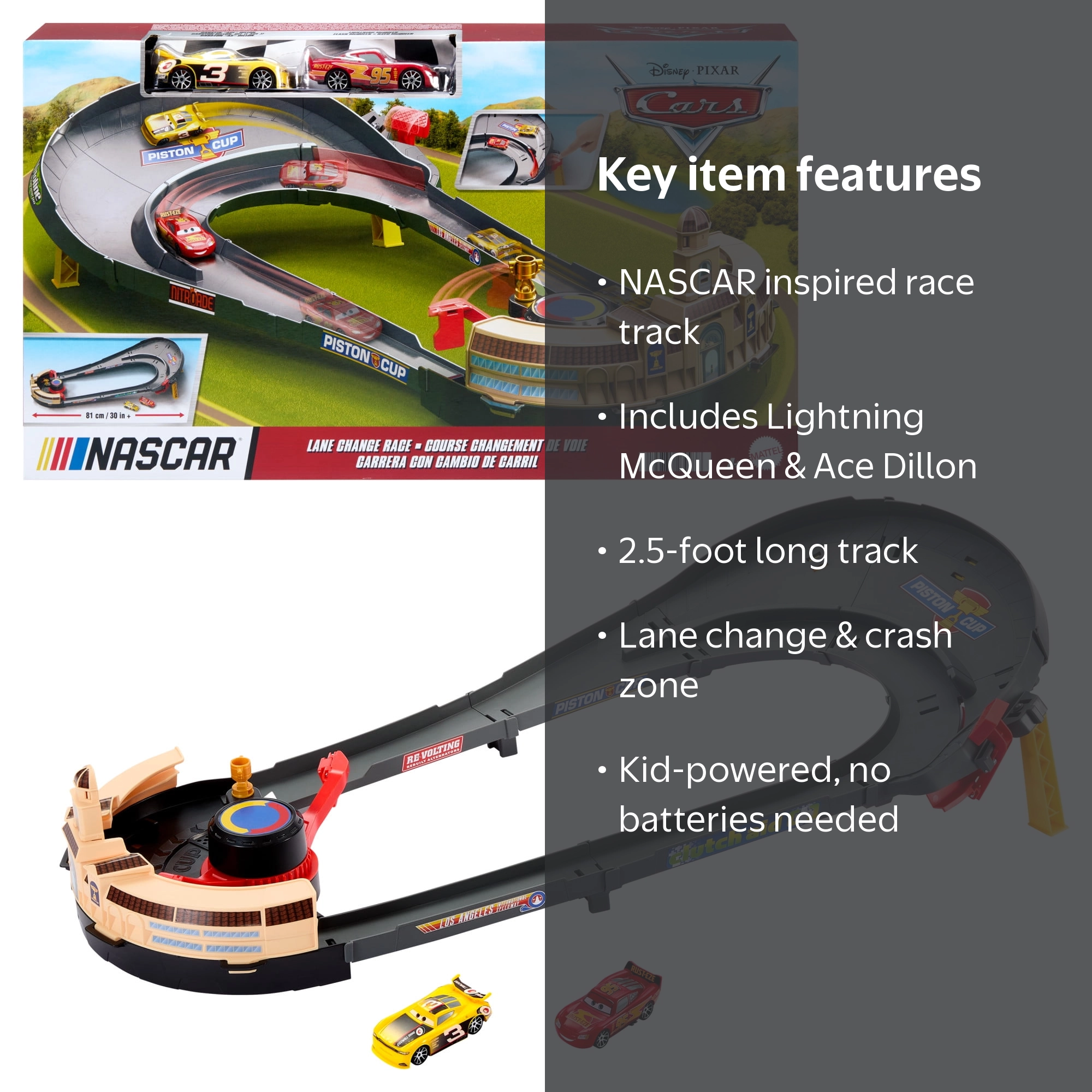 Disney and Pixar Cars NASCAR Lane Change Race Playset with 2 Toy