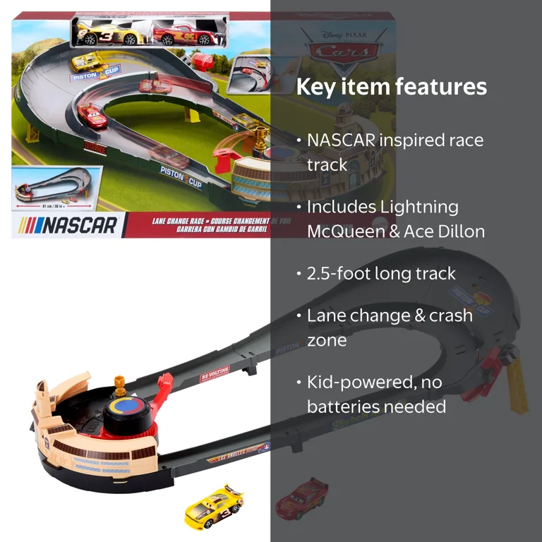 Disney and Pixar Cars NASCAR Lane Change Race Playset with 2 Toy