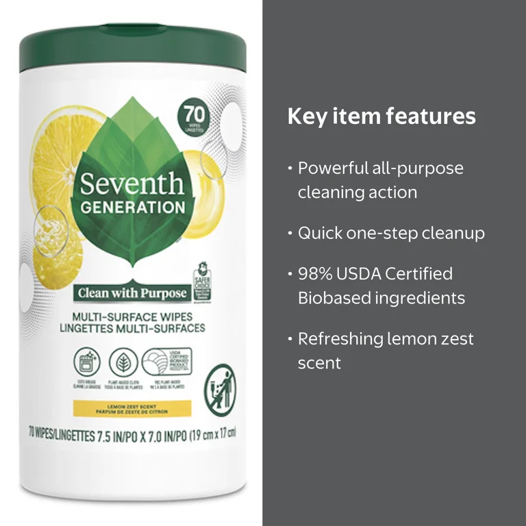 Seventh Generation Multi Surface All Purpose Wipes, 70 ct, Lemon