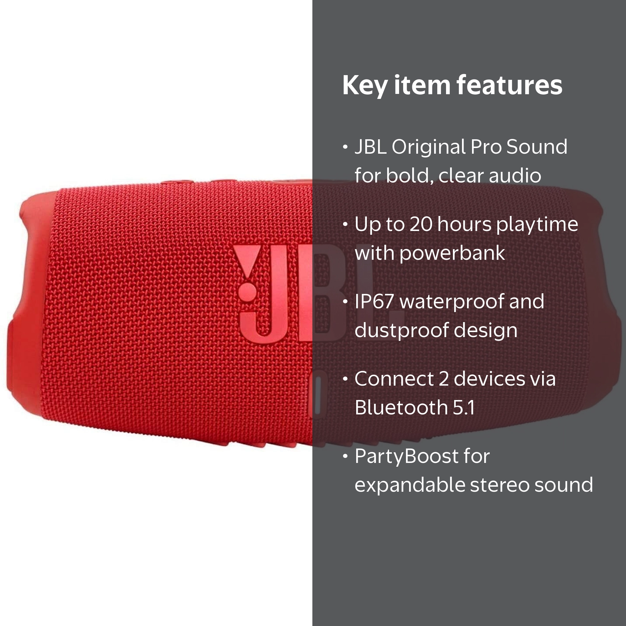 JBL Charge 5 Portable Bluetooth Speaker, Red, Loud Bass, 20 Hours