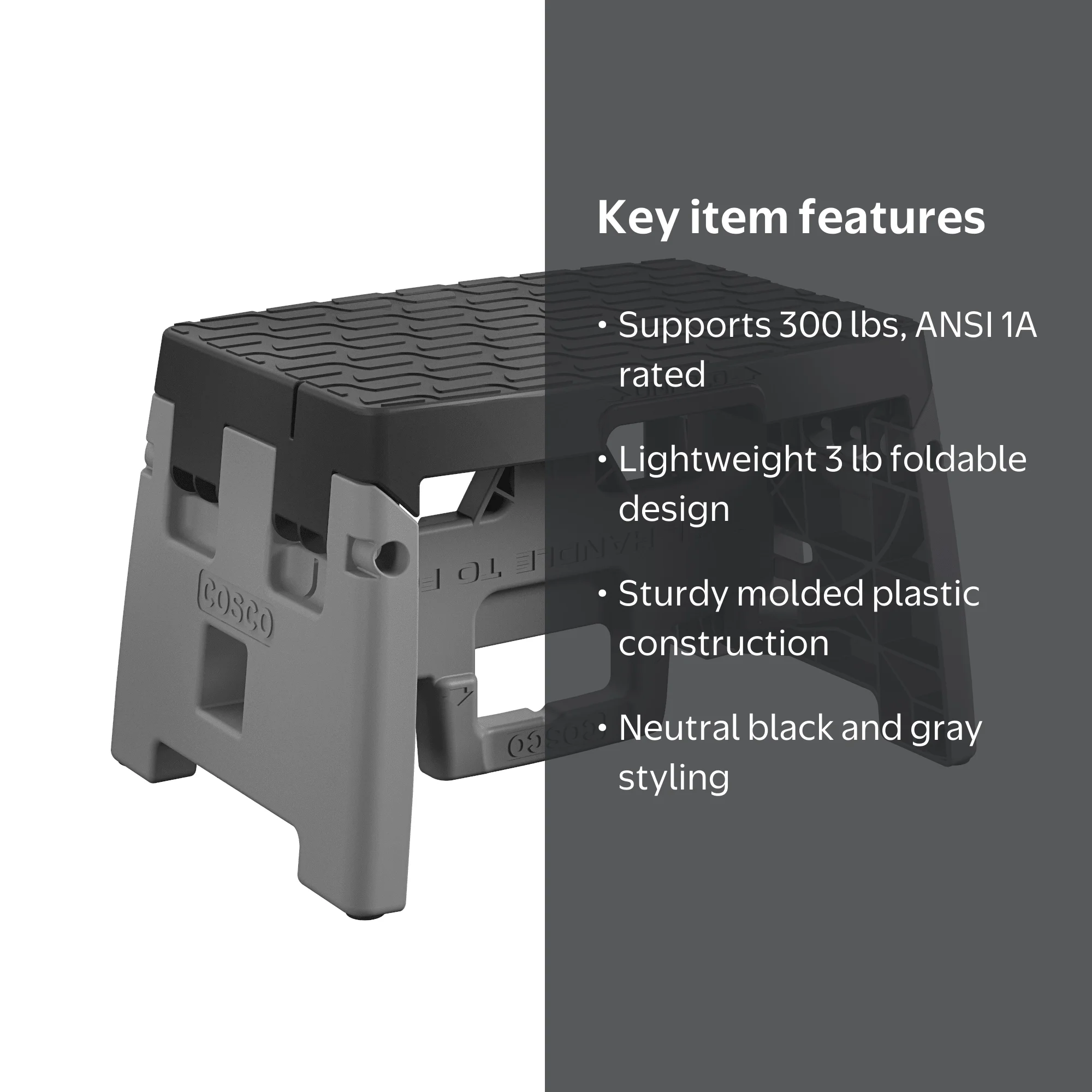 COSCO 1-Step Plastic Folding Step Stool, Type 1A (Black and Gray