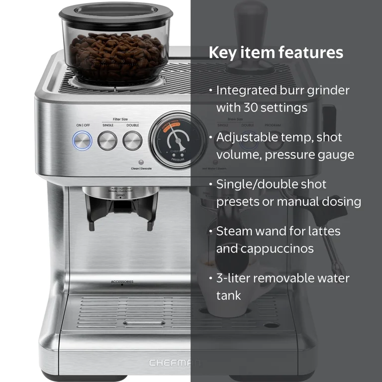 Chefman Crema Supreme Espresso Machine with Conical Burr Grinder