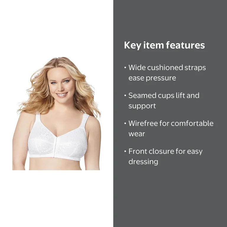 Just My Size Easy-On Front Closure Wirefree Bra, White, 48C, Nylon