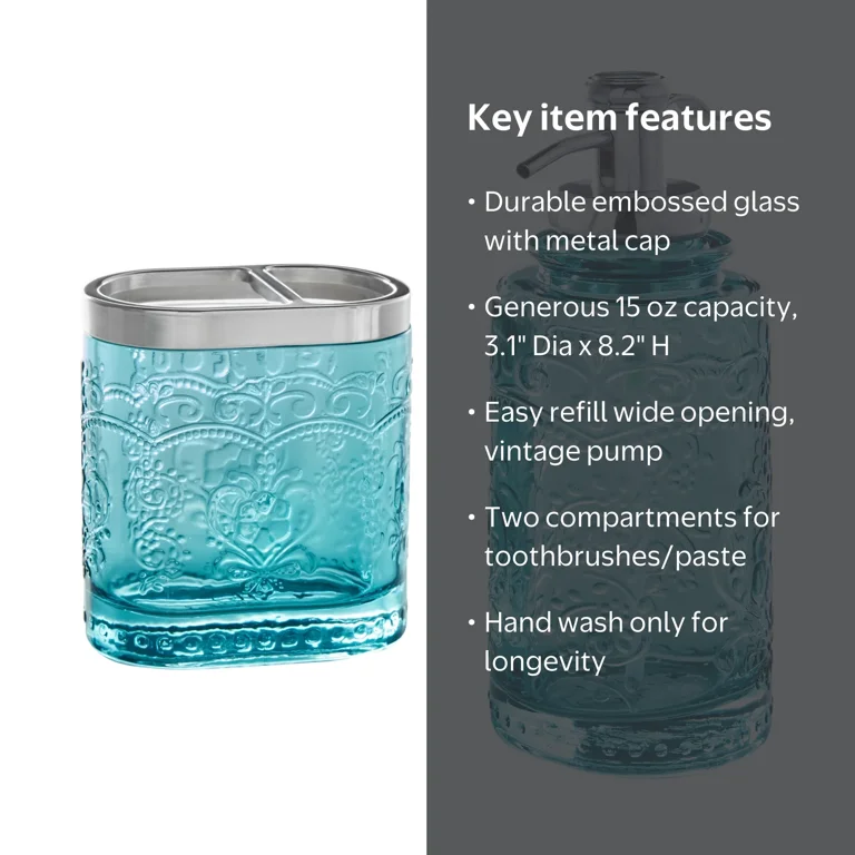 Teal 2 Piece Embossed Glass Bath Accessory Set, The Pioneer Woman