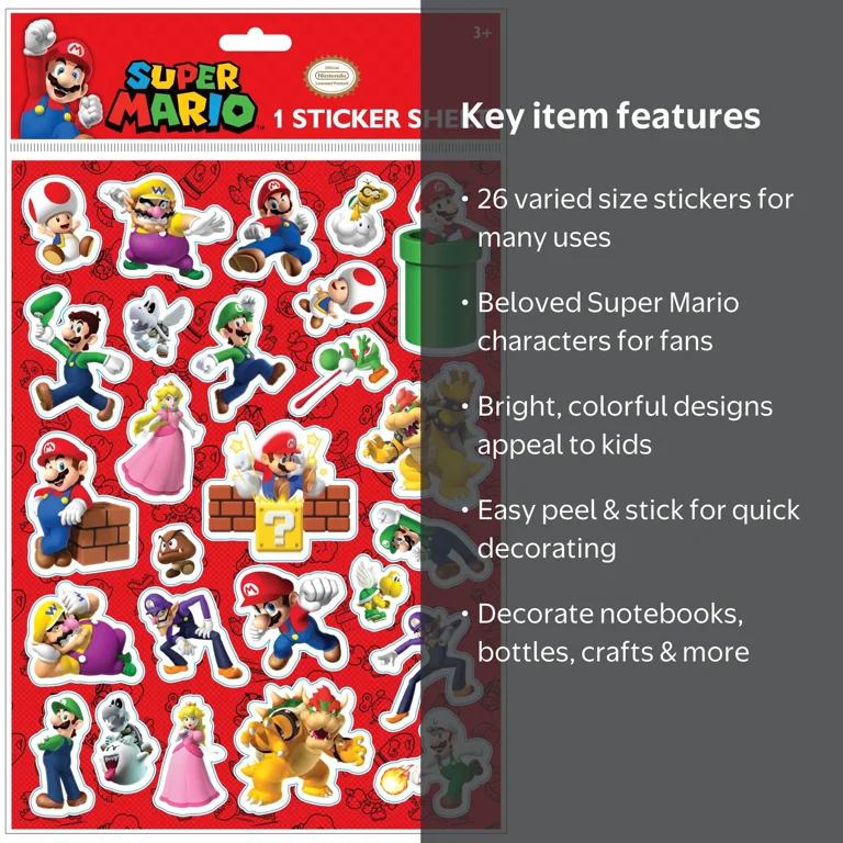 Nintendo, Super Mario Bros. Sticker Sheet, Includes 26 Stickers