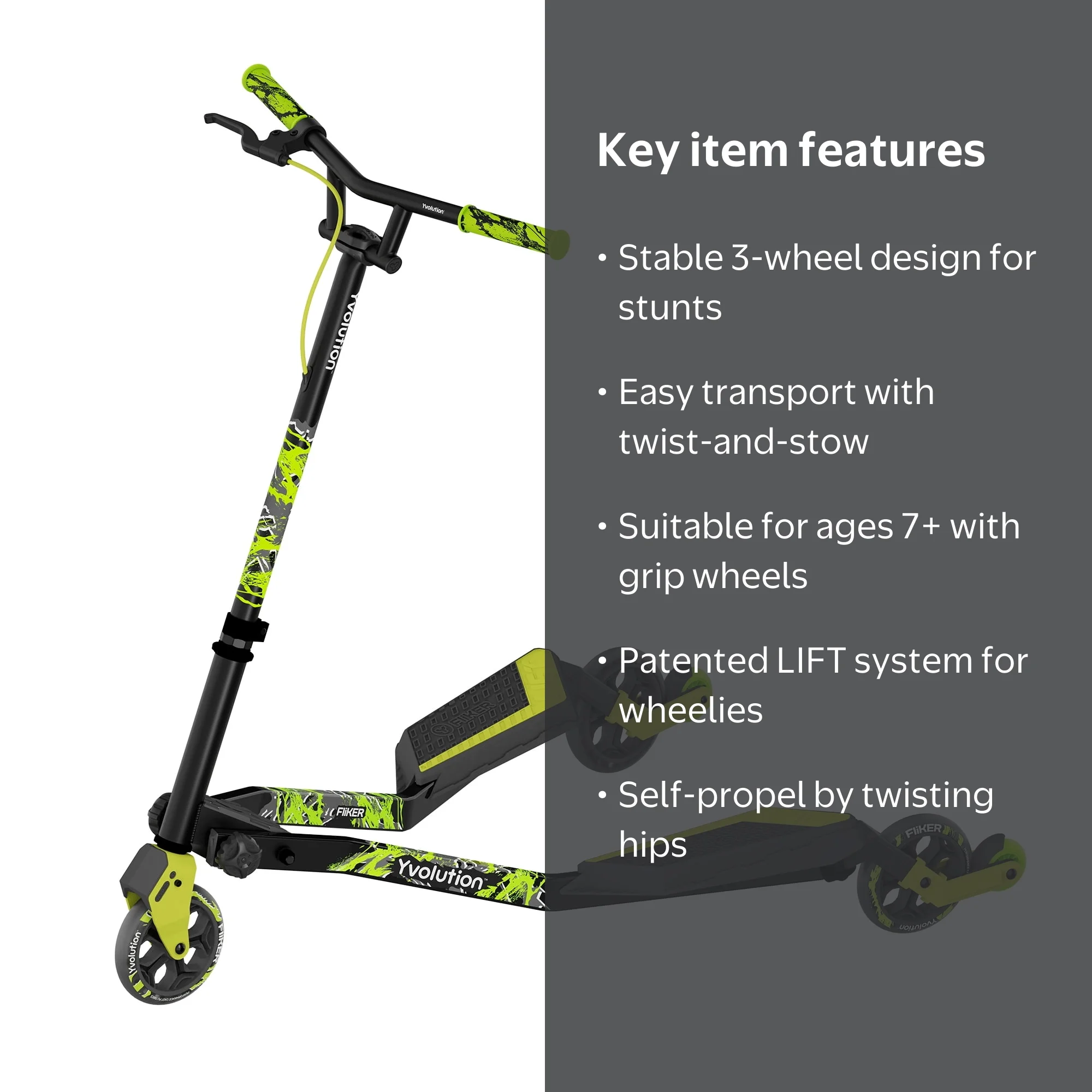 Yvolution Fliker Lift Kids Drift Scooter, 3 Wheels, Foldable