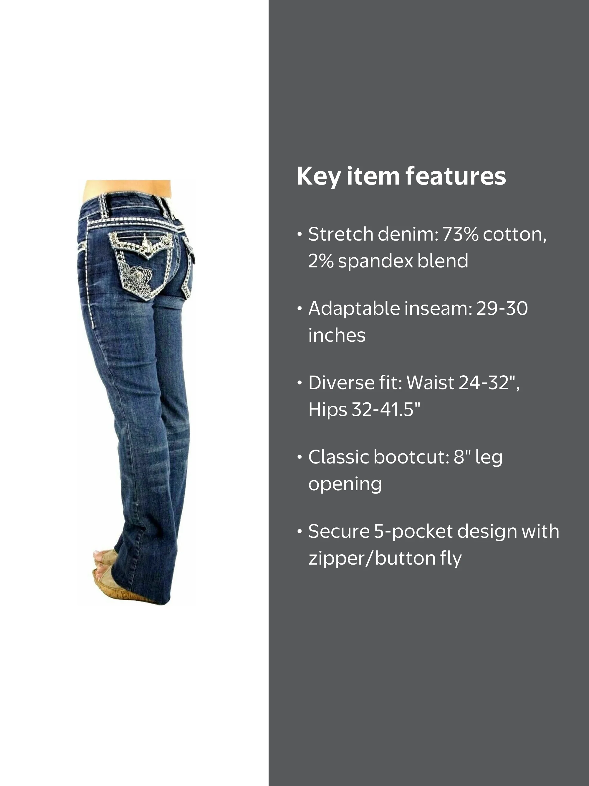 Jack David Rhinestone Studs Dark Wash Denim Flap Pocket Bootcut