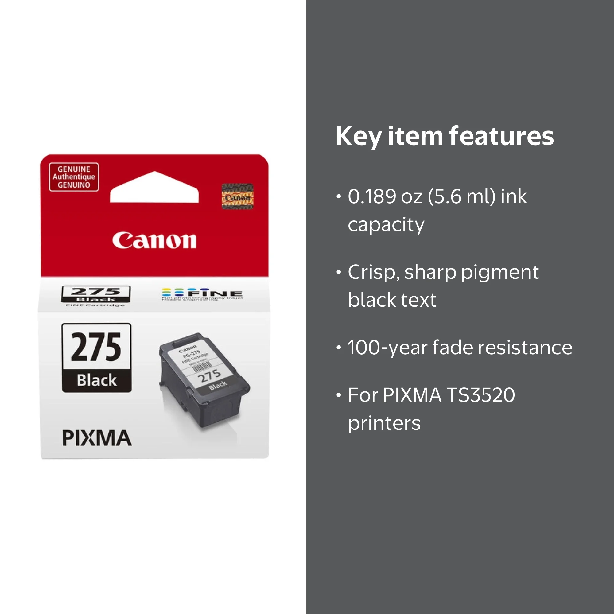Canon, Ink Cartridge, PG-275 Black, Pigment Ink, 0.189 Ounce
