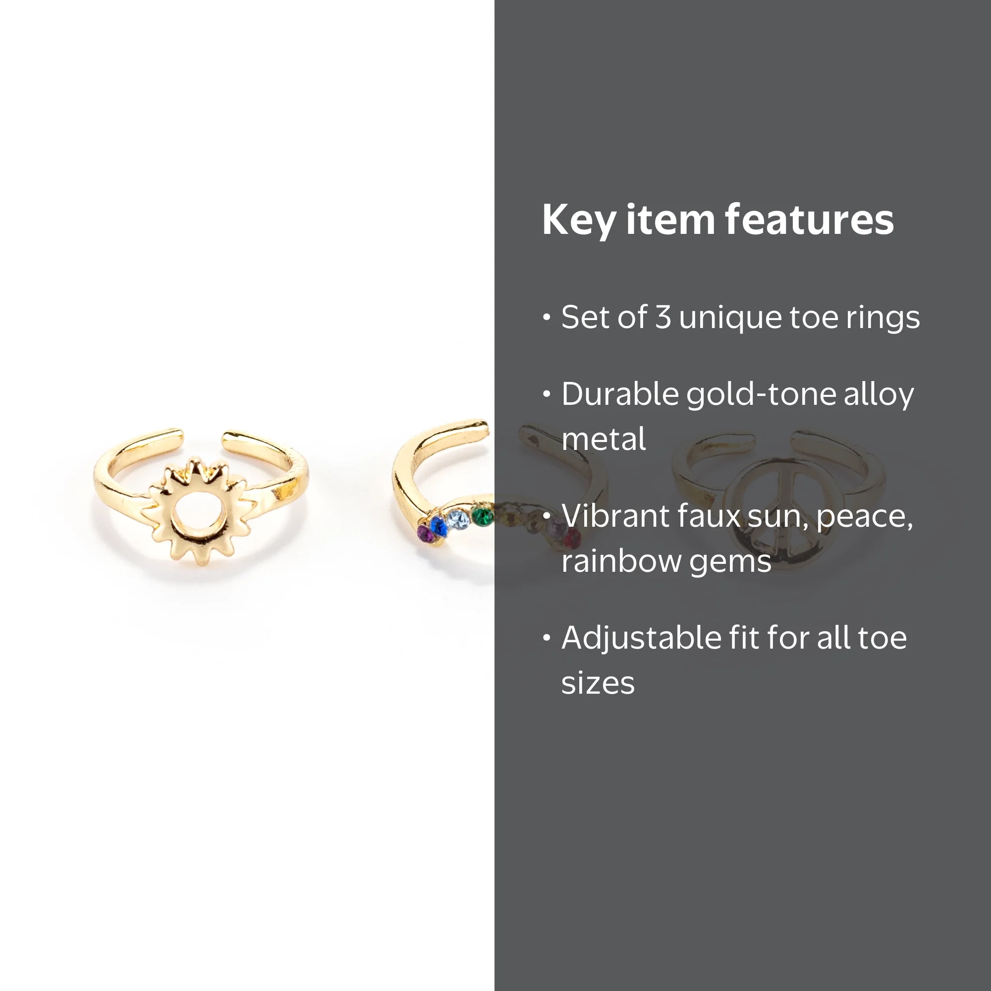 Claire's Gold Sun, Peace Sign, and Rainbow Toe Rings Set