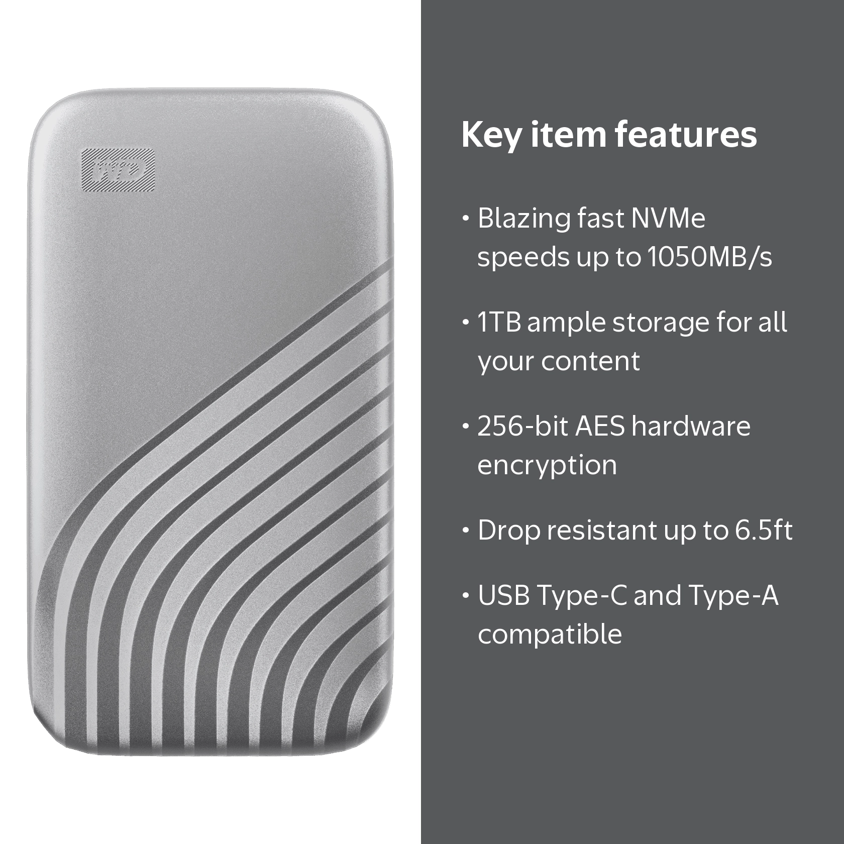 WD 1TB My Passport SSD, External Solid State Drive, Silver
