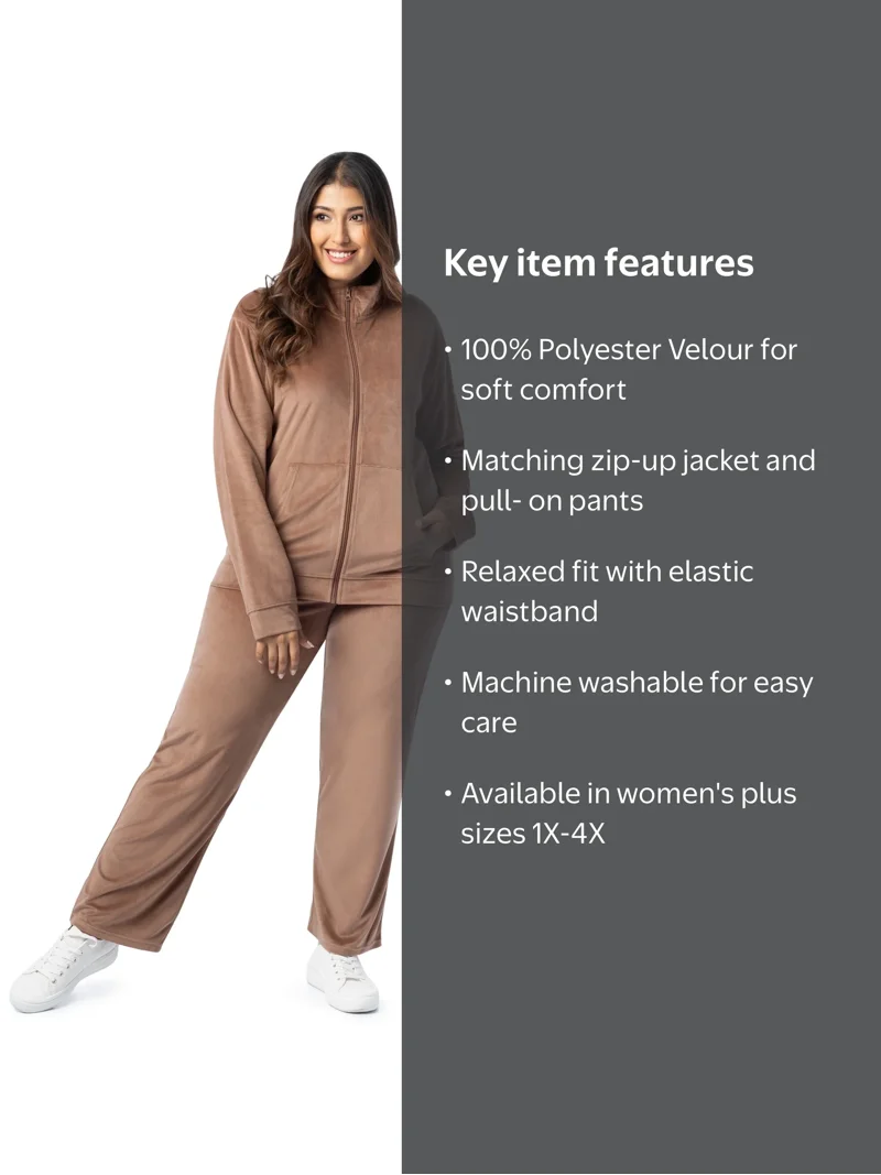 Athletic Works Women's Plus Size Active Velour Zip-Up Tracksuit