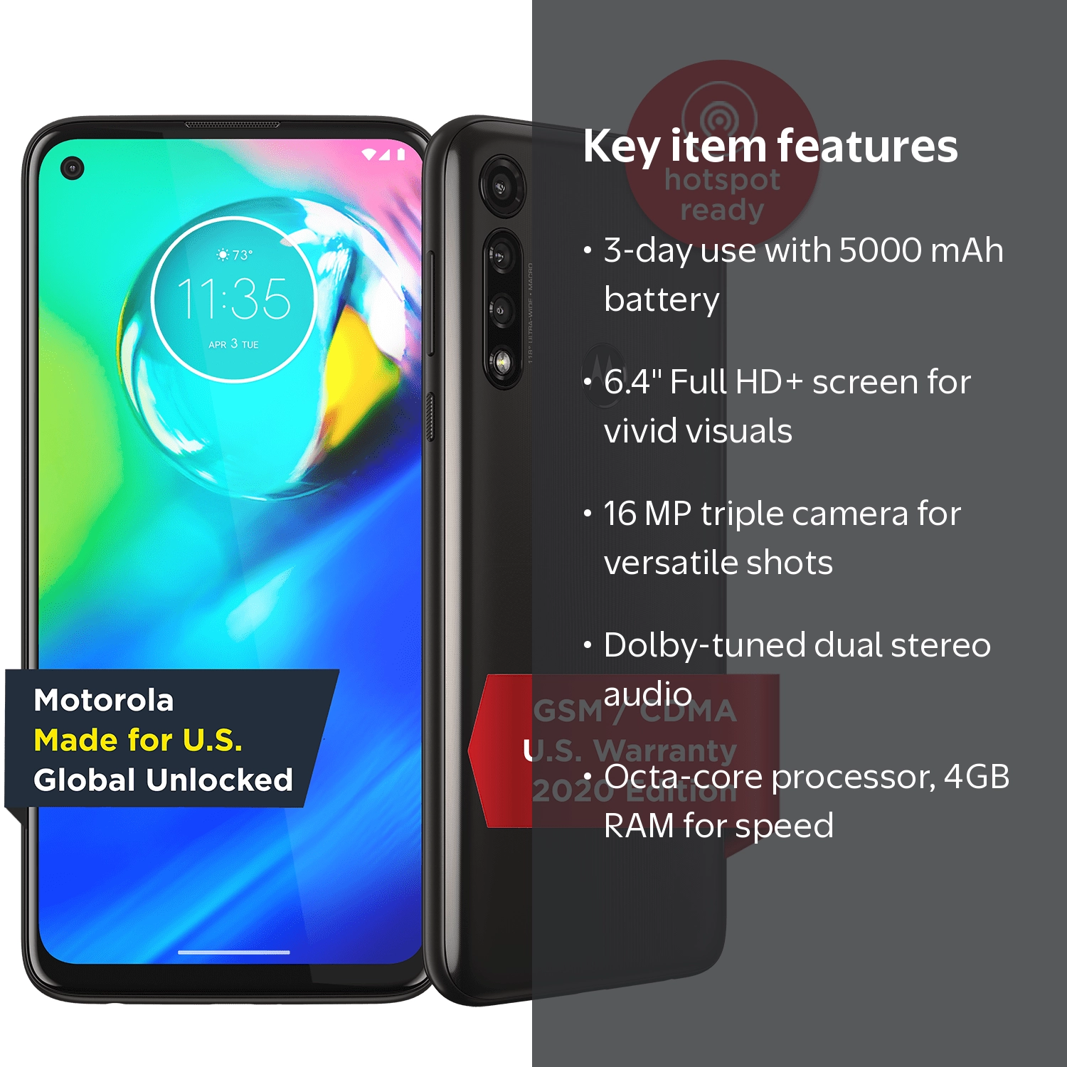 Moto G Power 2020 - Unlocked 64GB, Smoke Black, Triple Camera, US