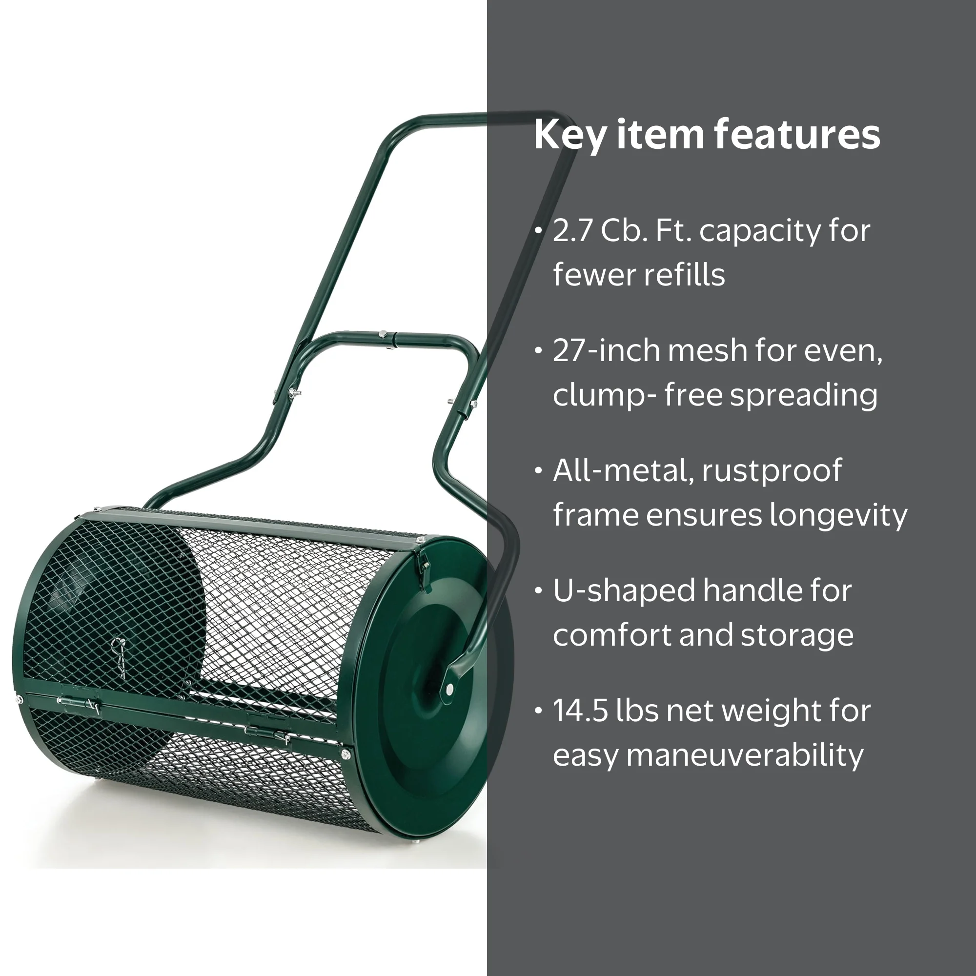 Costway, Compost Spreader, 27'' Metal Roller with Handle, Green