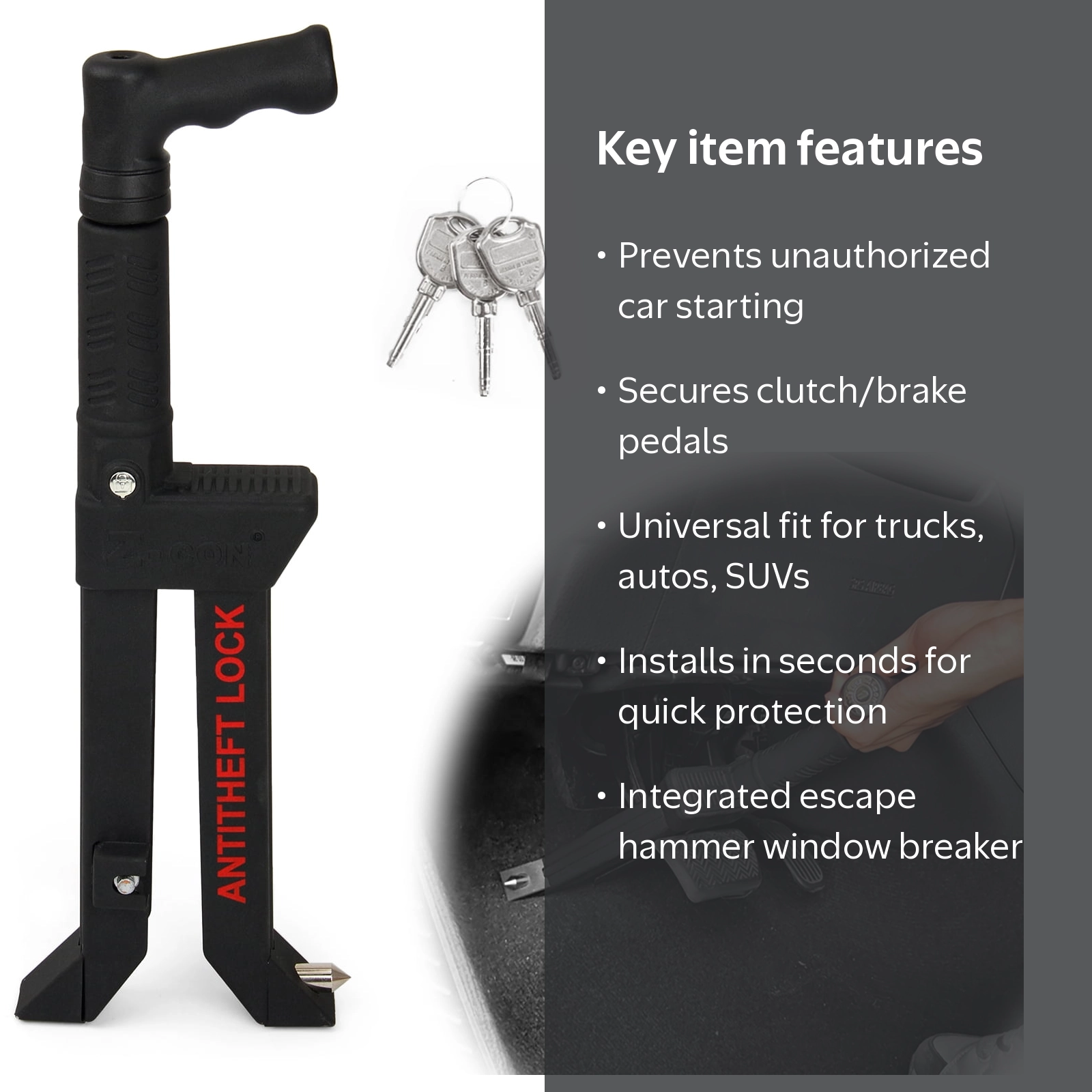 Kernel Brake Pedal Lock, Anti Theft Car Device with Escape Hammer