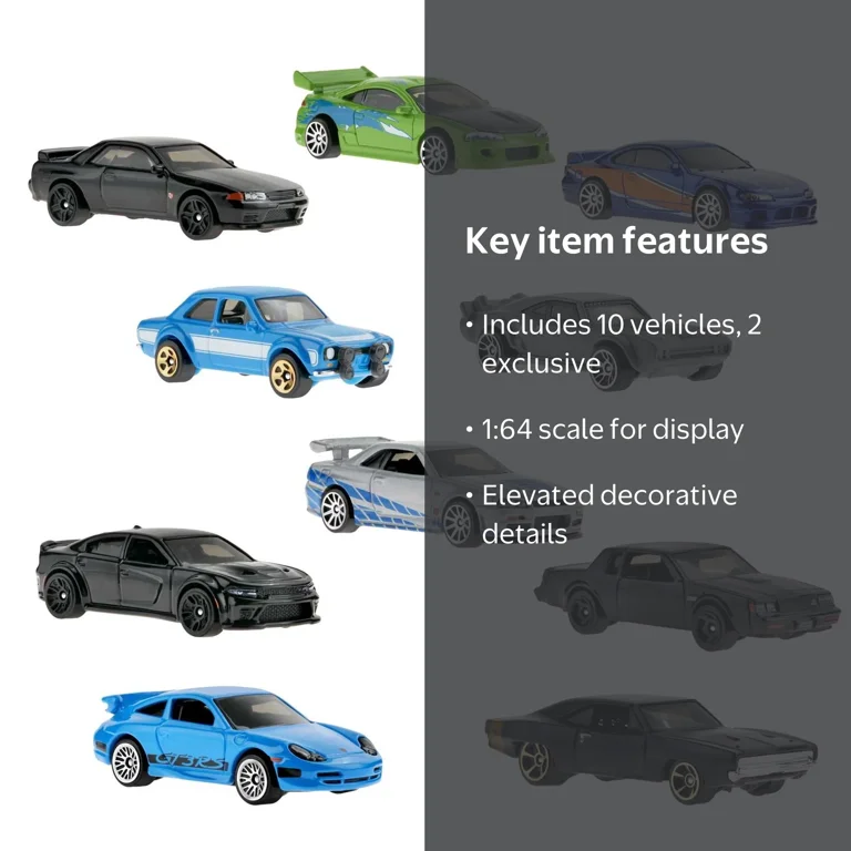 Hot Wheels Fast & Furious Set of 10 Vehicles in 1:64 Scale with 2