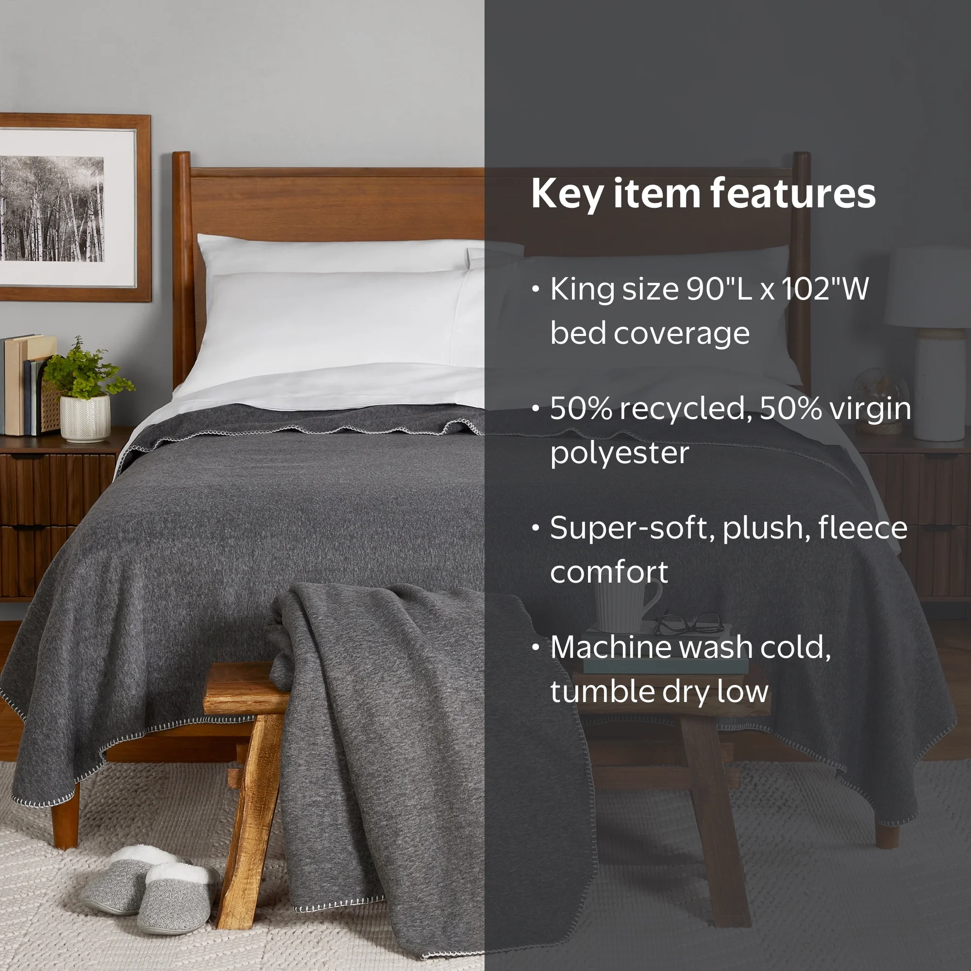 Mainstays Super Soft Greystone Fleece Bed Blanket, King 2 Pcs