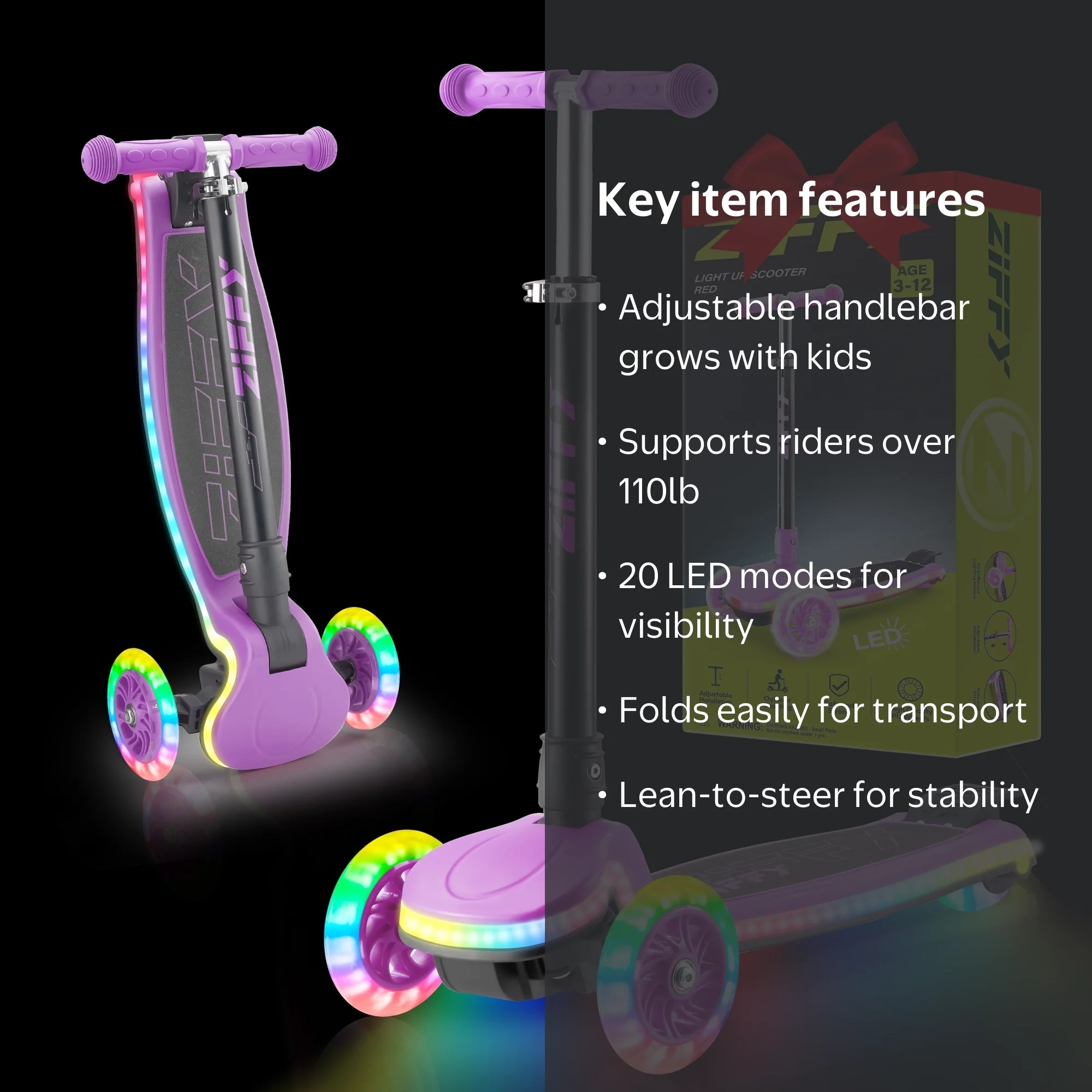 ZIFFY Kids Scooter, 3-Wheel Light-Up, Adjustable Heights, Anti