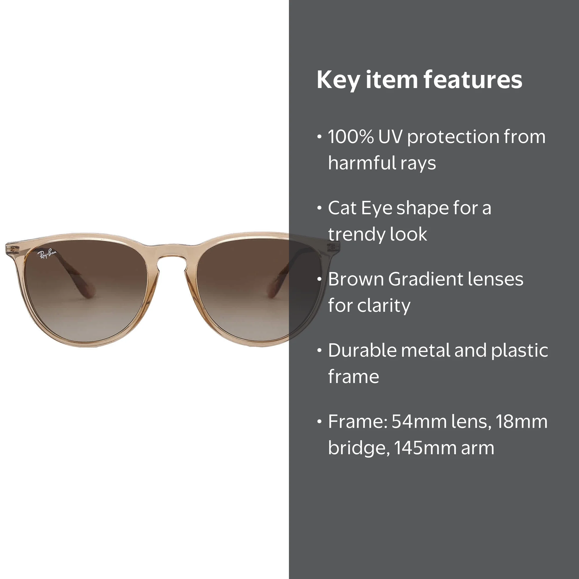 Ray Ban Erica Color Mix Ladies Sunglasses, Cat Eye Shape, Brown