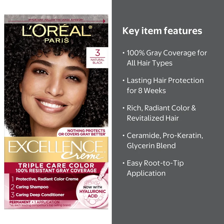 L'Oreal Paris Excellence Creme Permanent Hair Color, 3 Natural