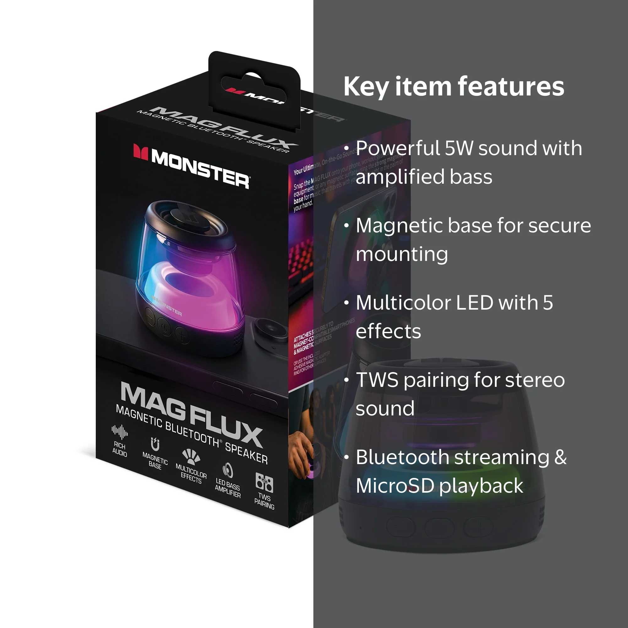 Monster Mag Flux Magnetic Bluetooth Speaker, 5W Portable Wireless