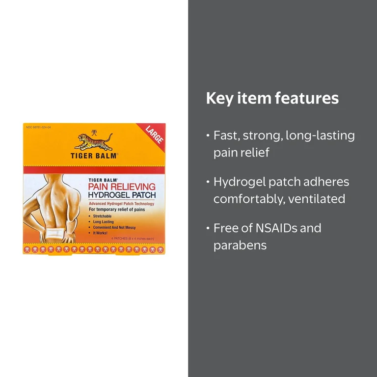 Tiger Balm Hydrogel Pain Relieving Patch with Camphor and Menthol, for Back and Muscle Aches, Large, 4 Count
