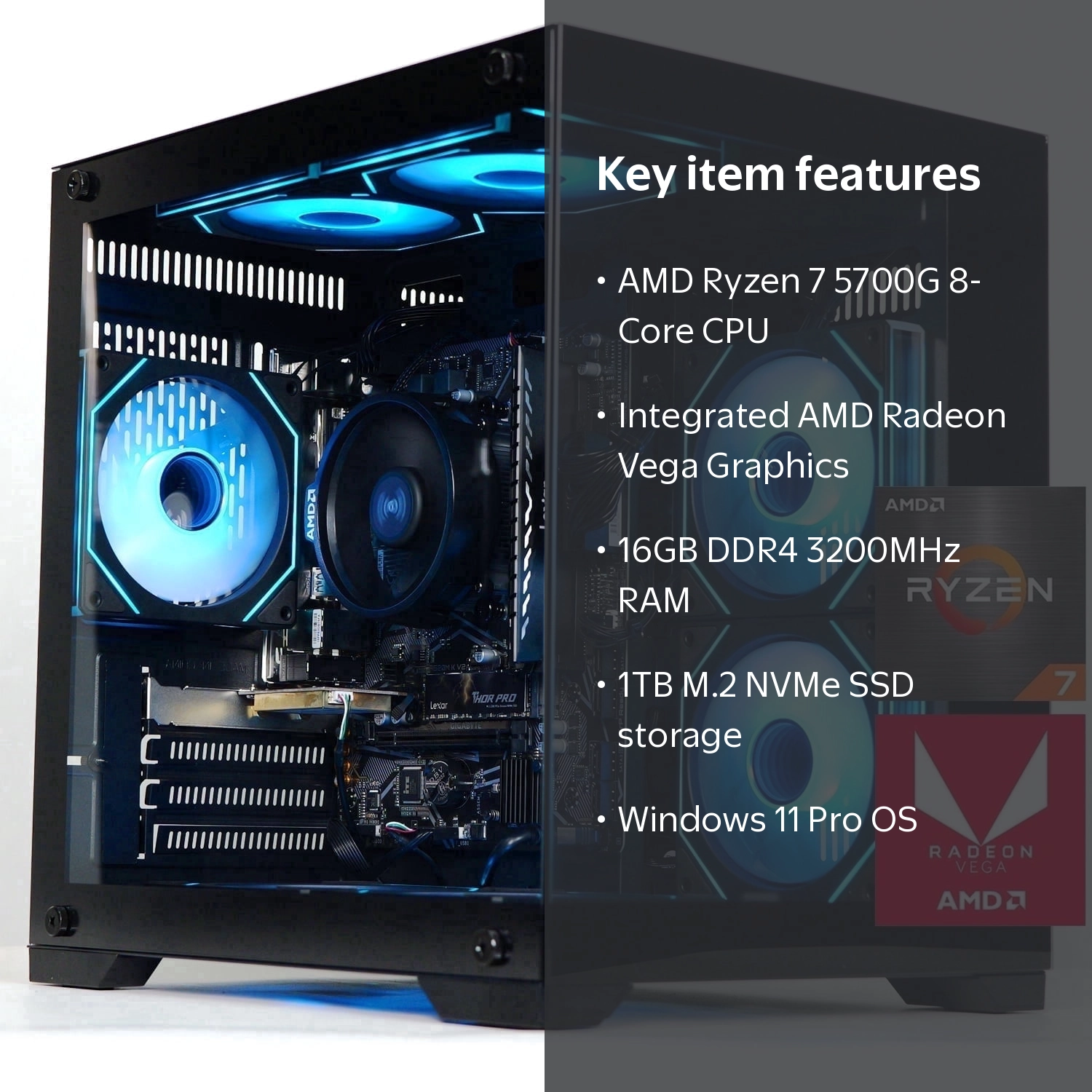ICEWOLF Gaming PC, AMD Ryzen 7 5700G, 16GB RAM, 1TB SSD, Radeon