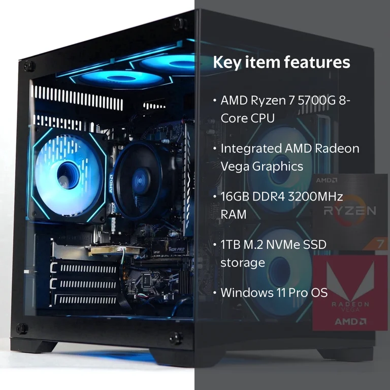 ICEWOLF Gaming PC, AMD Ryzen 7 5700G, 16GB RAM, 1TB SSD, Radeon