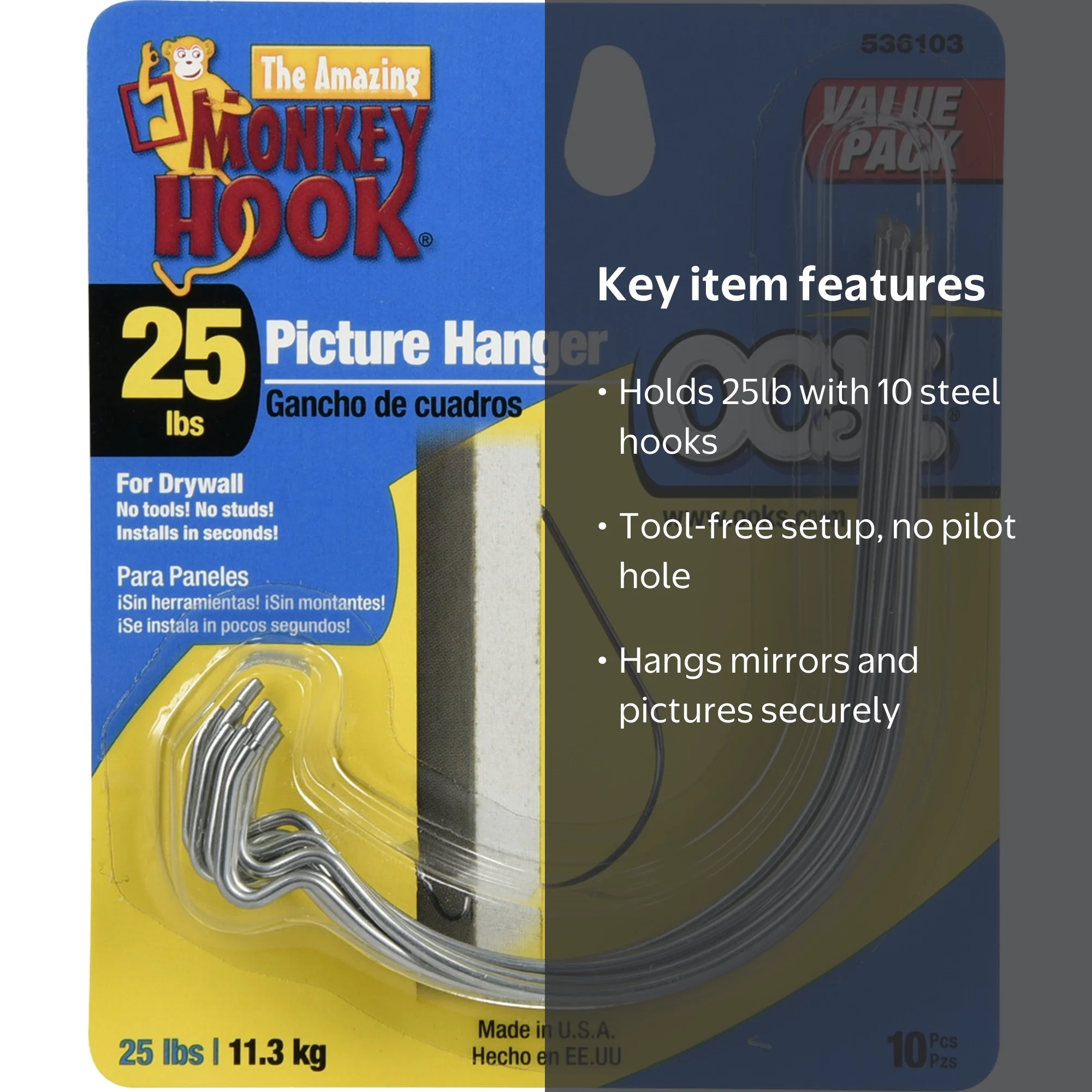 OOK 536103 Monkey Hook Picture Hangers, Drywall, Tool Free (25lb