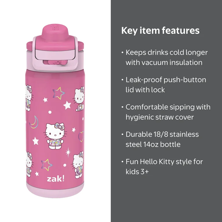 【KITTY】 Zak Designs Hello Kitty Kids Insulated Water Bottle with Straw