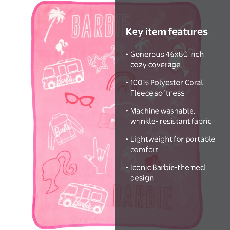 Mattel Barbie Kids Plush Fleece Throw Blanket, 46 x 60, Pink
