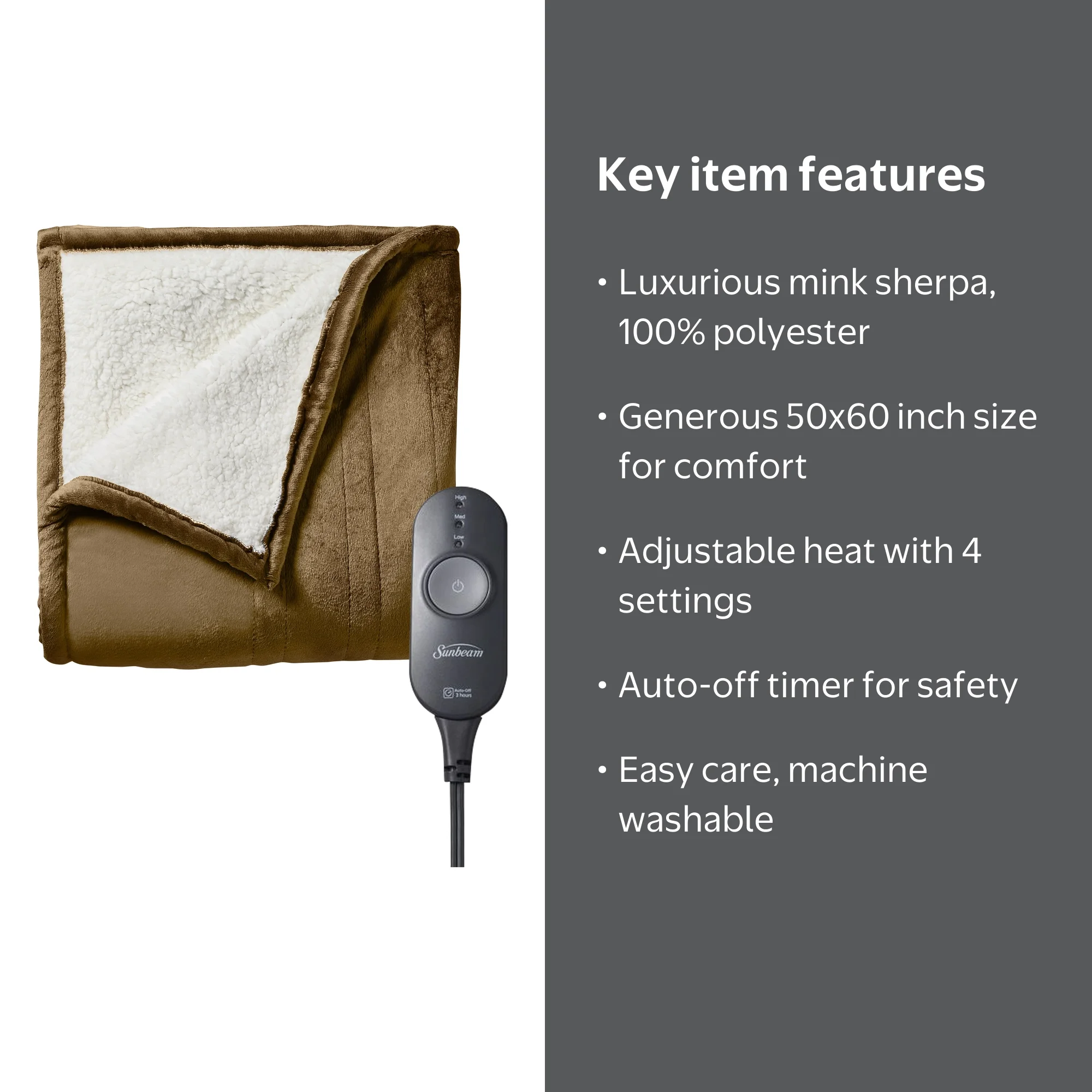 Sunbeam Royal Mink Sherpa Honey Heated Throw Blanket 50