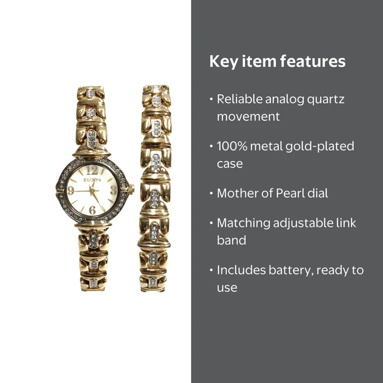Elgin Gold Plated Analog Quartz Watch with Round Mother of Pearl