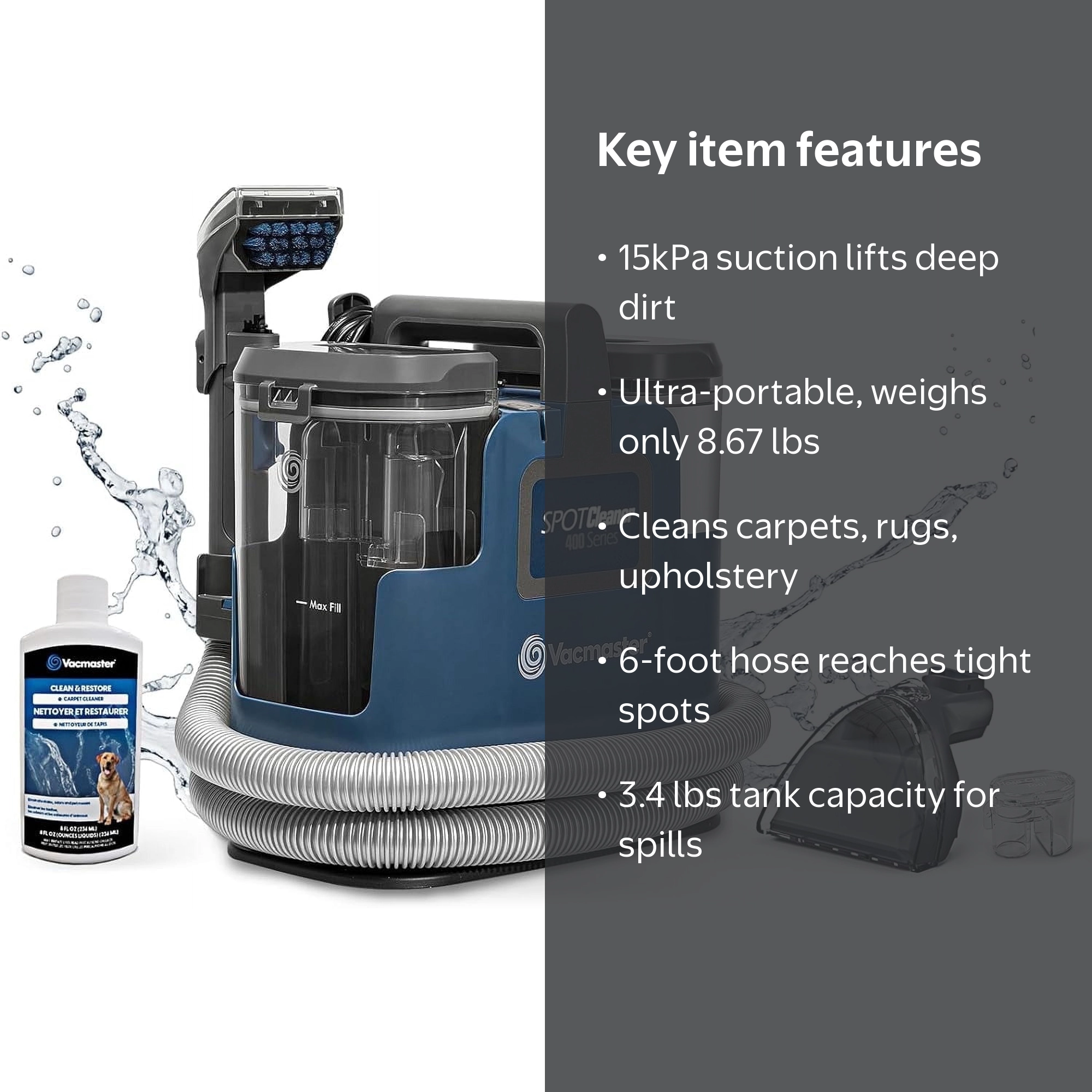 Vacmaster SCB301 Portable Carpet & Upholstery Spot Cleaner, 15Kpa